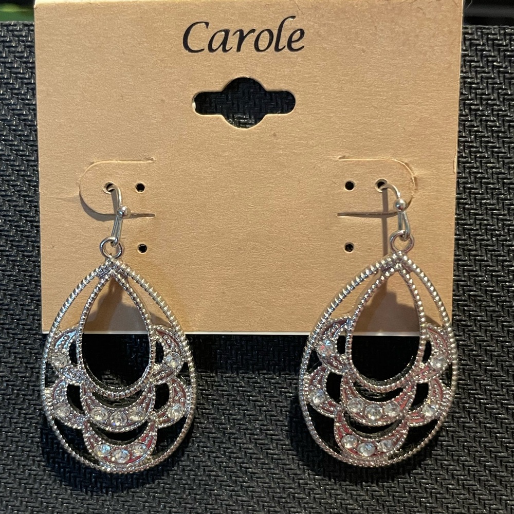 Silver Teardrop Earrings with Crystals